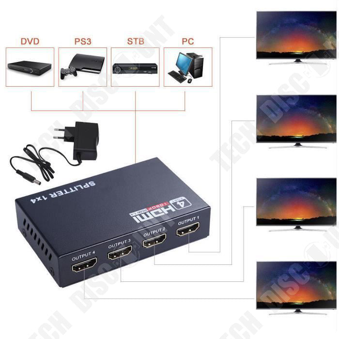 TD® Meilleur Convertisseur TV HDMI Splitter 4 ports 1080p 4K pour Distributeur 3D Full HD 1 in 4 out - convertisseur TV - séparateur
