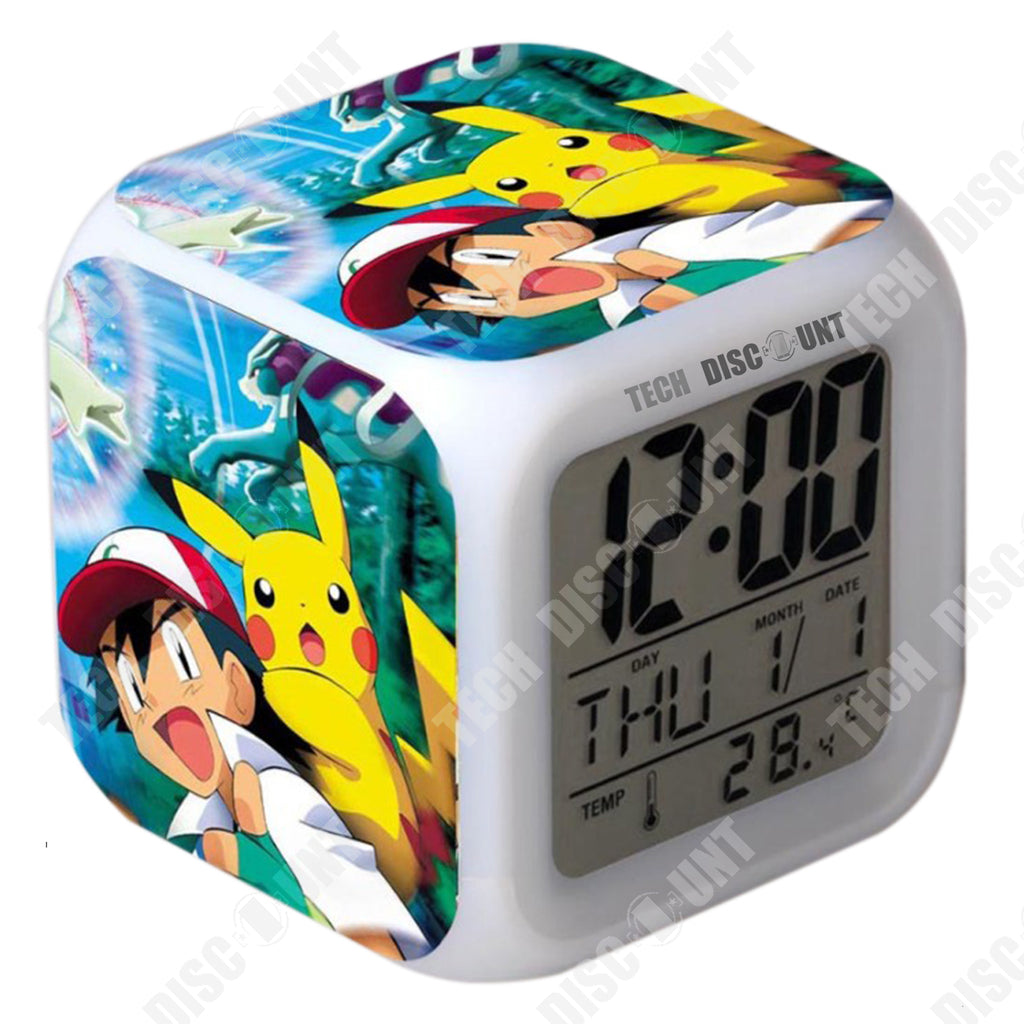 TD® Jouet d‘’enfants réveil pokémon go horloge pikachu mené 7 coloré flash contact lumière réveil cadeau de noël anniversaire idée d