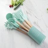 TD® Ensemble d'ustensiles de cuisine en silicone avec manche en bois, Spatule antiadhésive, Outils de cuisine, Ustensile professione