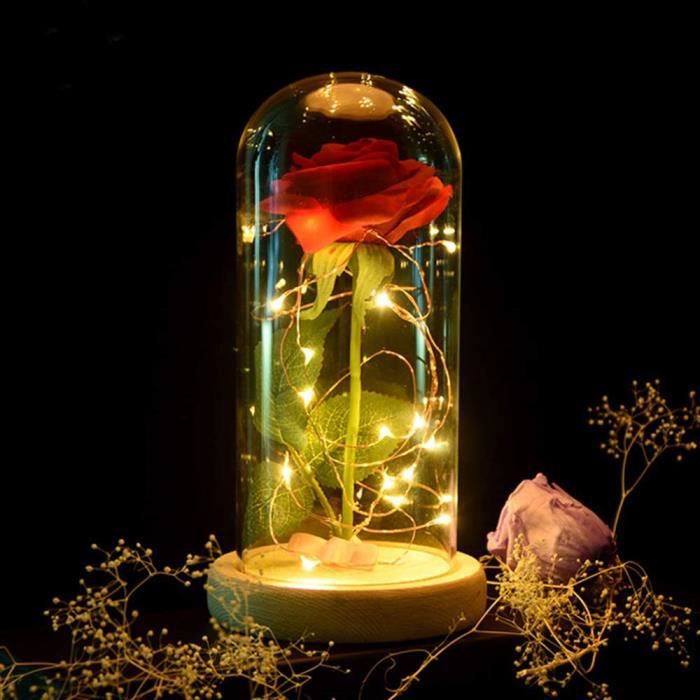 TD® rose éternelle sous cloche cadeau coffret en verre la belle et la bête lumineux LED socle bois tige feuilles vertes rouge à pile