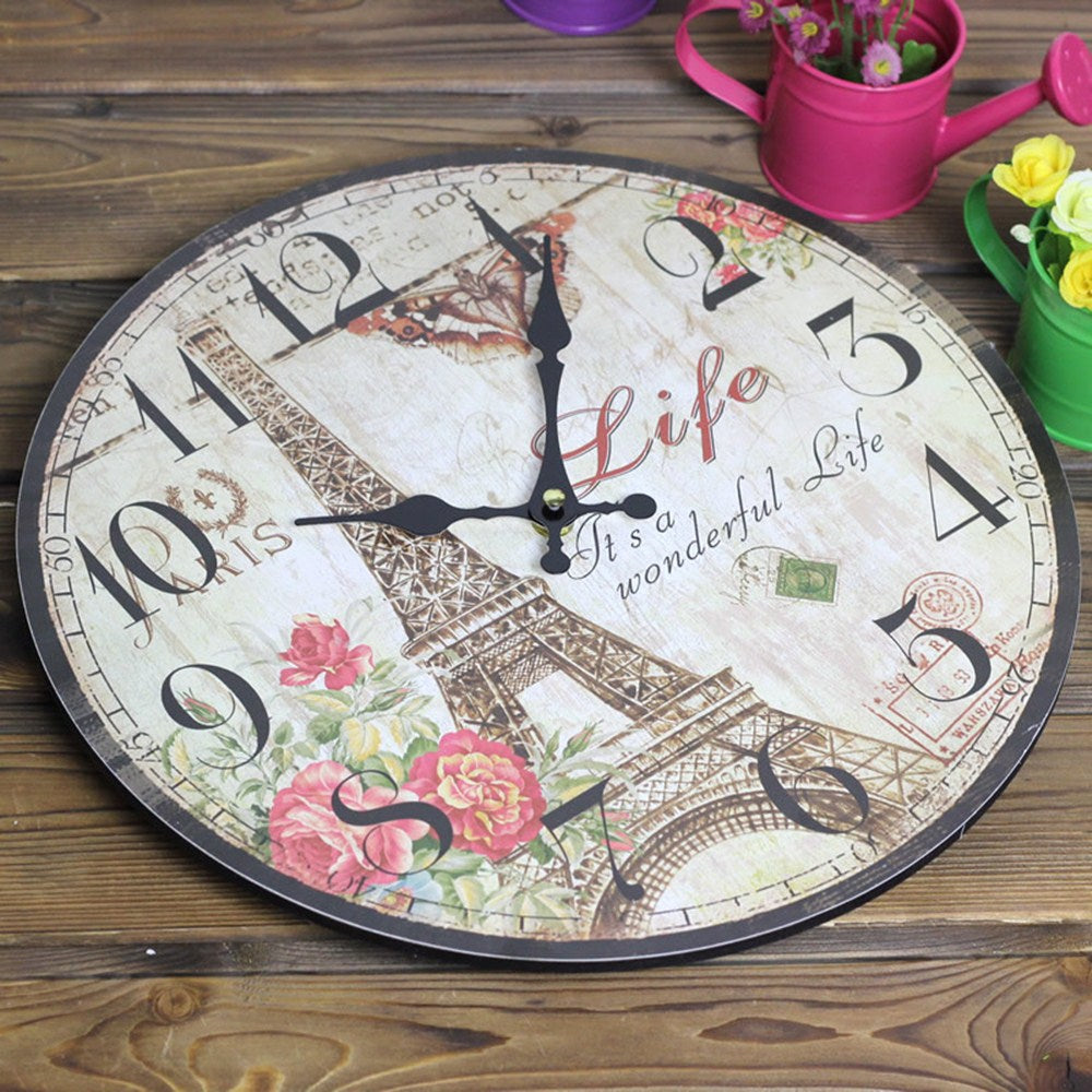 TD® horloge murale en bois Tour Eiffel avec les roses life originale vintage sans couverture, idée decoration murale maison cadeau
