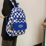 TD® Cartable en damier grande capacité en nylon anti-éclaboussures ordinateur sac à dos collège lycée étudiant campus bleu sac à dos