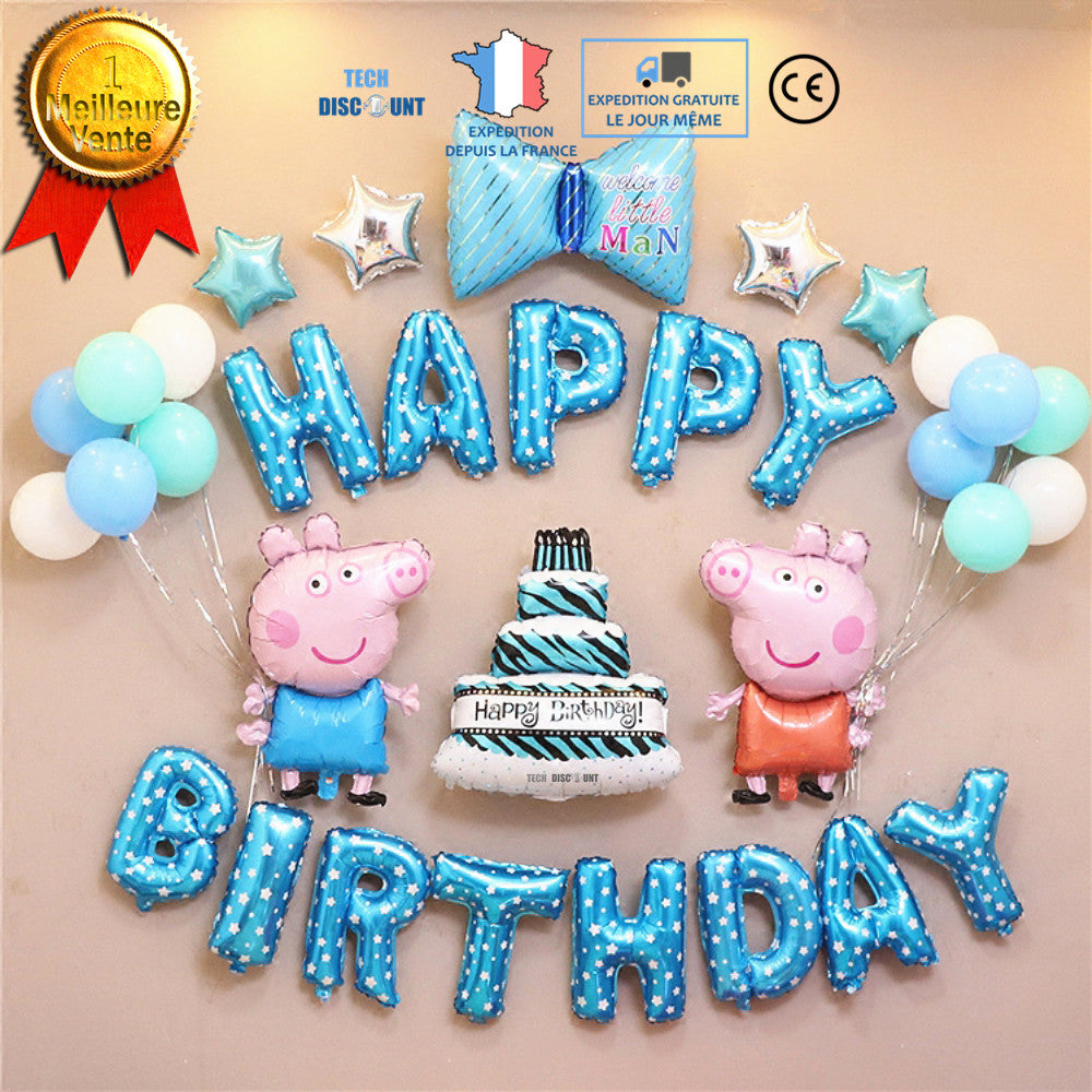 TD® kit décoration joyeux anniversaire à suspendre ballons bleu blanc gâteau 3 niveaux happy birthday enfant 16pouce bannière cérémo