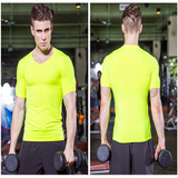 T-shirt à manches courtes pour hommes à col en V moulant à manches courtes PRO fitness running sports entraînement à manches