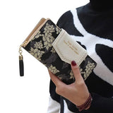 TD® Mode Portefeuille Long  pour Femme Pochette à Motifs Fleuris Noirs et Blancs Franges Noires Détails Dorés Double Fermeture Zip