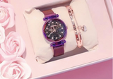 TD® Coffret Cadeau Montre Violet en Quartz Deux Bracelets Dorés pour Femme Fille Enfant Chic-Cadrans Belle Finitions Boîtier Étoiles