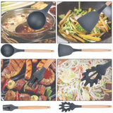 TD® Ensemble Ustensiles de Cuisine en silicone, résistant à la chaleur 9 pièces outils de cuisson avec manche en bois dur