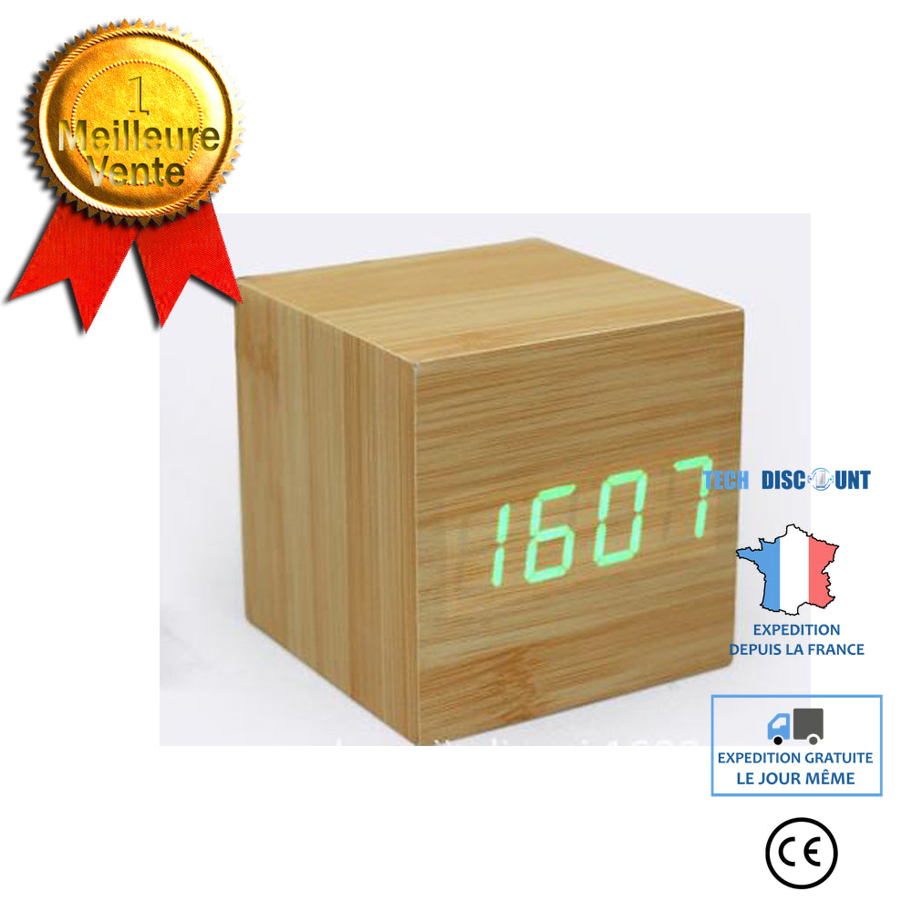 TD® réveil en bois cube numérique led horloge enfant matin lumineux de –
