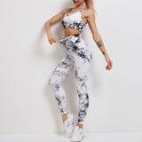 Costume de yoga tie-dye stretch costume de yoga sport running fitness costume gilet tricoté fitness pantalon noir tie-dye fem