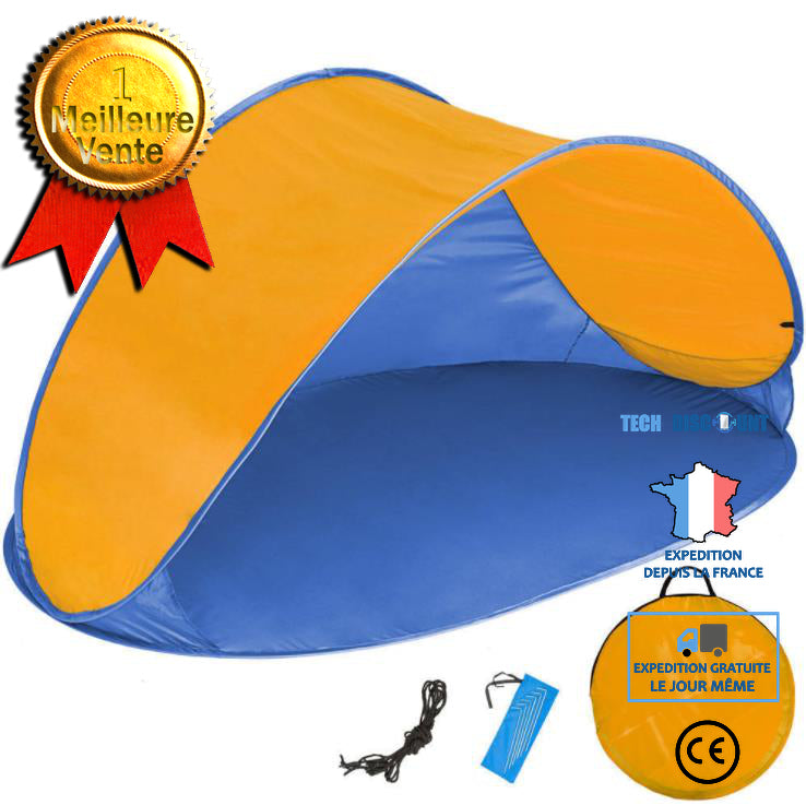 TD® Tente de Plage Anti UV Pop Up 220 cm x 120 cm x 100 cm Bleu Orange + 1 Sac de transport