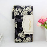 TD® Mode Portefeuille Long  pour Femme Pochette à Motifs Fleuris Noirs et Blancs Franges Noires Détails Dorés Double Fermeture Zip