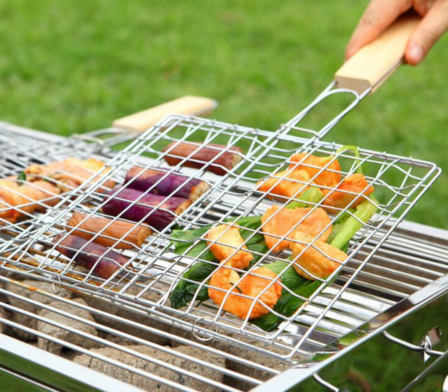 Support de barbecue extérieur en acier inoxydable manche en bois filet de barbecue carré outil de barbecue pince à poisson gr