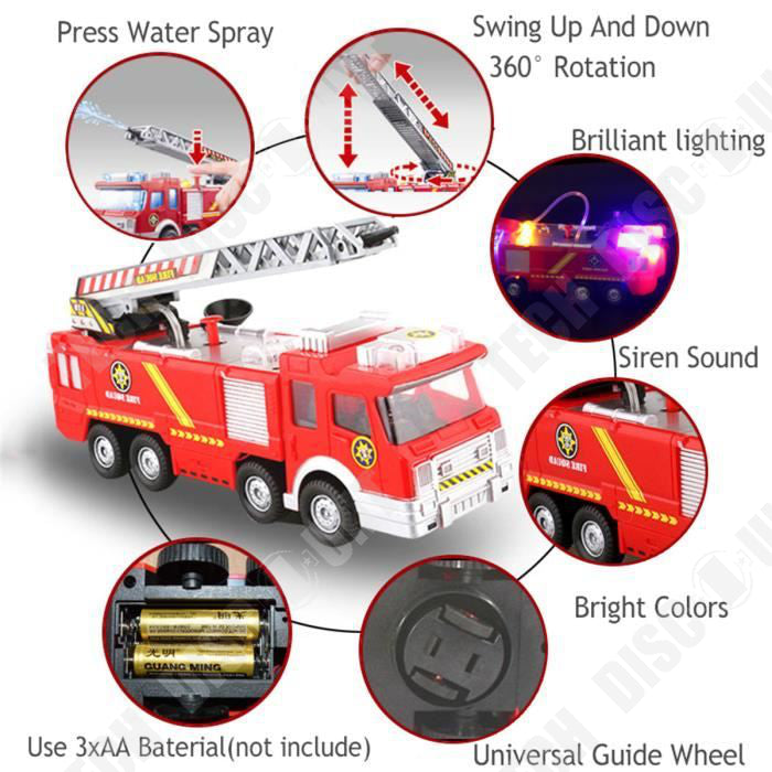 TD® Camion de pompier jouet enfants modèle pulvérisateur d'eau effets sonores cadeau Noël Anniversaire lumière LED