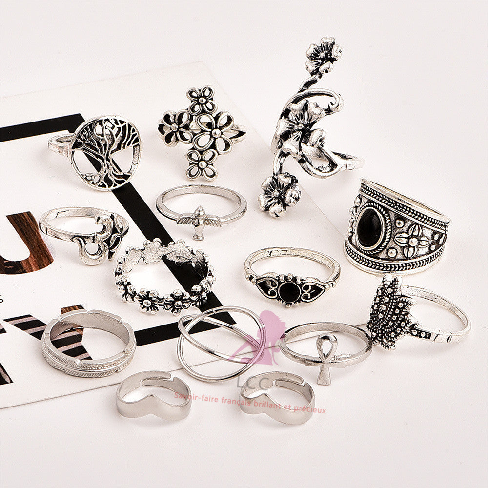 LCC® Bague argent femme pas cher pierre 14 pièces large phalanges