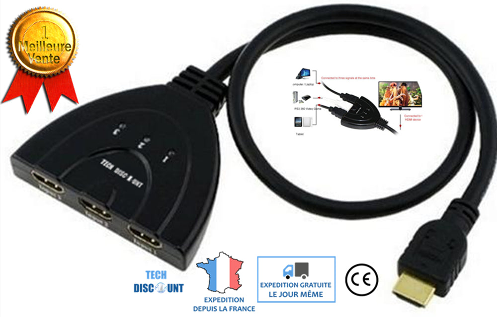 TD® Commutateur HDMI répartiteur sélecteur 3 Port Automatique Audio Video 480i/480P/720P/1080i/1080P Intelligent Manuelle Plug and P