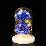 TD® rose éternelle sous cloche en verre la belle et la bête fête des mères fleur bleu décoration lumineuse avec support à poser boît