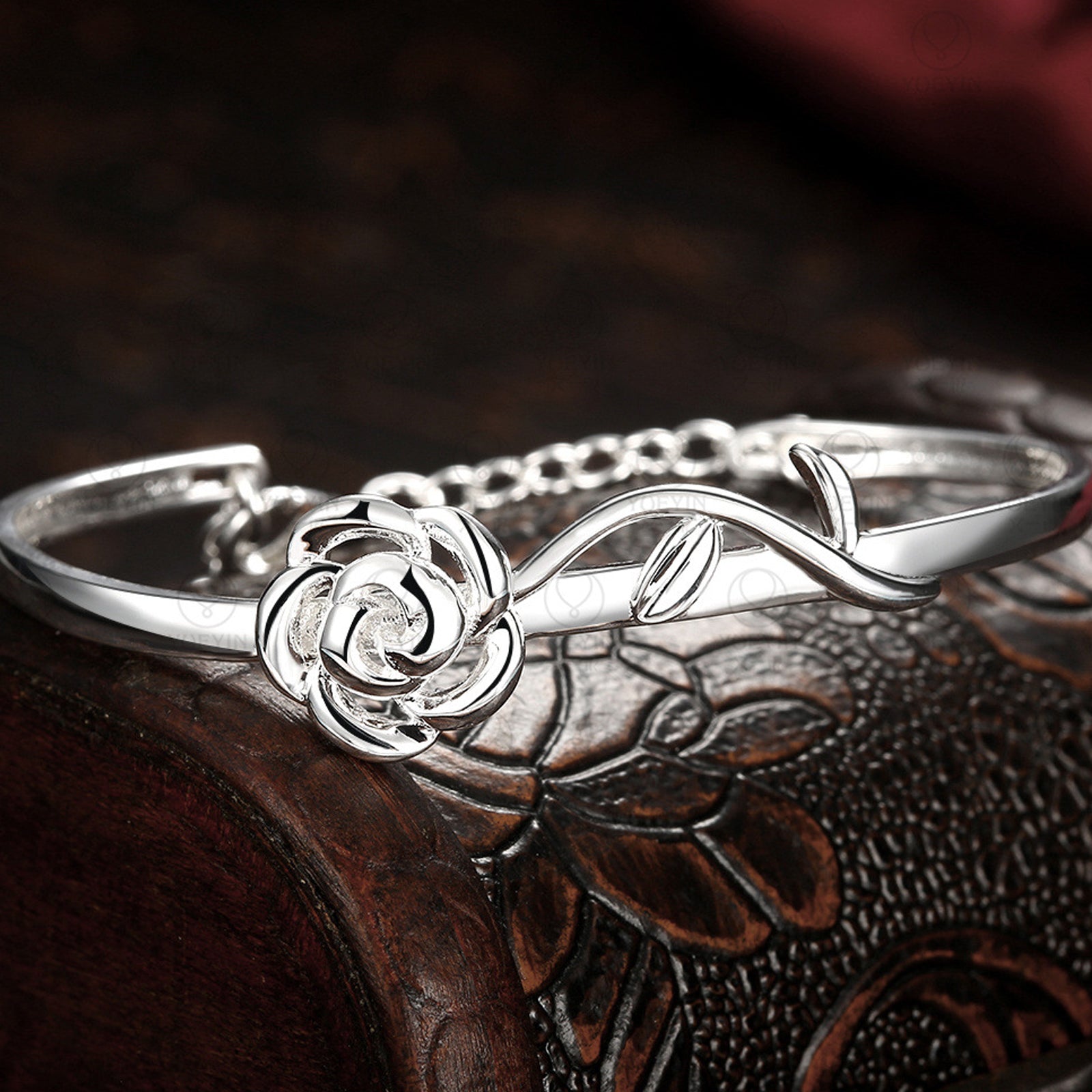 TD® Bracelet Style à la Mode en Plaqué Argent 925 Cadeau Idéal pour Femme Saint Valentin Anniversaire Rose Ajourée Ajustable