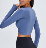 Haut de yoga bleu torsadé à manches longues col en v Sexy haut remise en forme T-shirt de sport nu femmes nombril vêtements y
