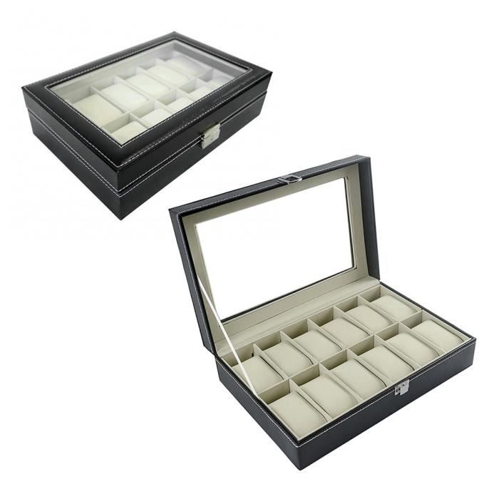 TD® Presentoir Boîte à montres Coffret bijoux en cuir  Cadeau pour homme (12 compartiments - Noir)-coffret en cuir pour bijoux
