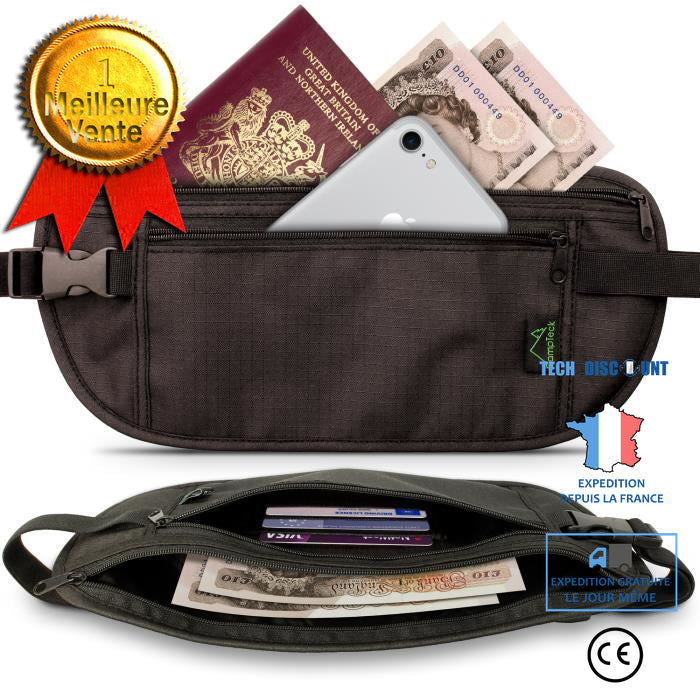 TD® Banane de voyage noir pour passeports billets documents personnels support rangement pratique sac à dos valise doublure banane