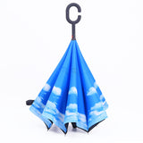 TD® Parapluie transparent tige droite parapluie mains libres double couche de type C bleu ciel et nuage blanc parapluie inversé