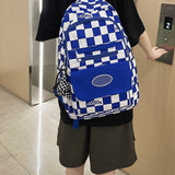 TD® Cartable en damier grande capacité en nylon anti-éclaboussures ordinateur sac à dos collège lycée étudiant campus bleu sac à dos