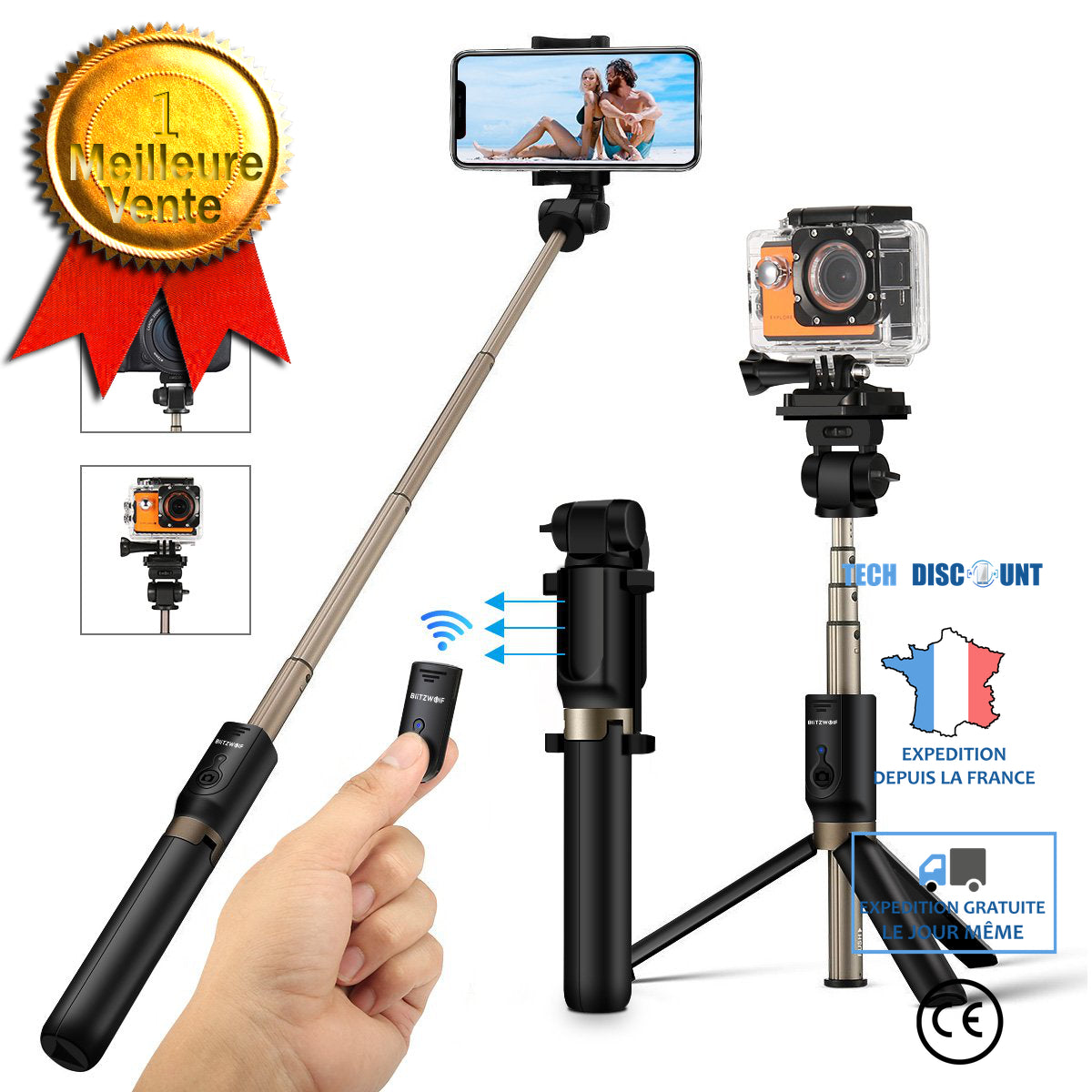 TD® Perche à selfie telephone appareil photo iphone camera GoPro smartphone selfie stick bluetooth trépied portable android angle