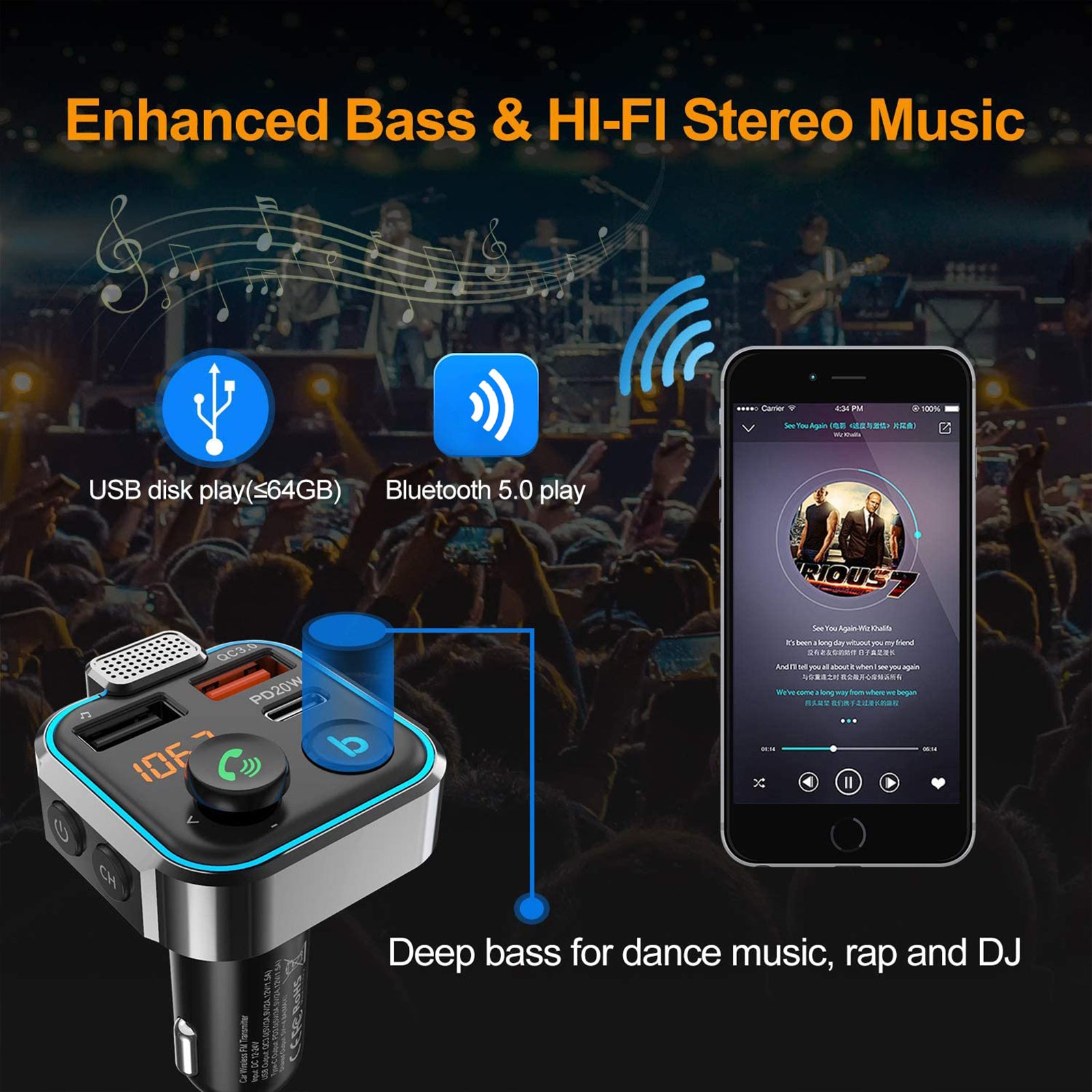 Transmetteur Fm Bluetooth 5.0, lecteur de musique mains libres