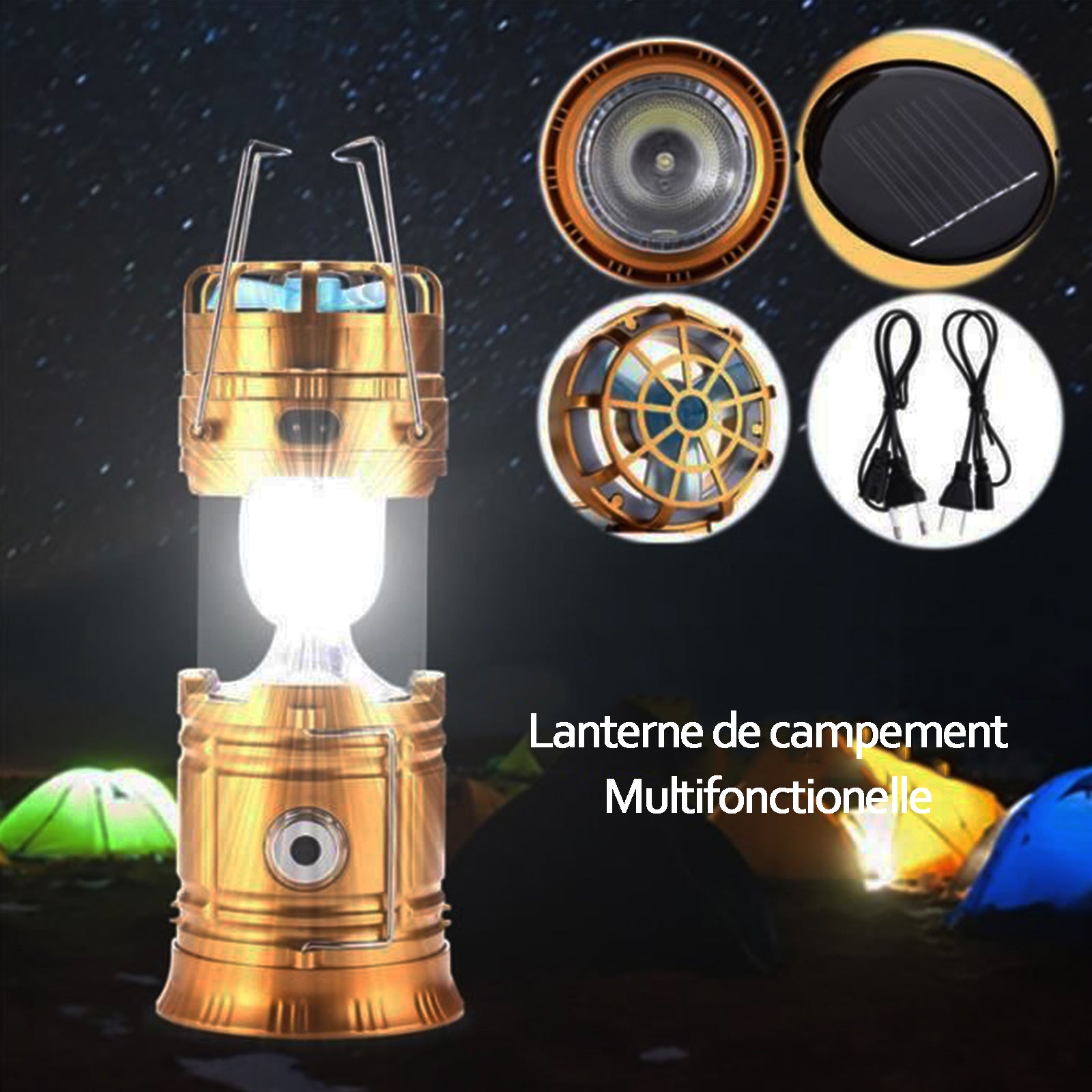 Lampe solaire de camping rechargeable or