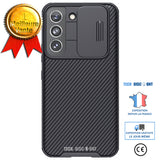 TD® Coque de téléphone à glissière en fibre de carbone pour Samsung Galaxy S22 + Lunettes de protection Confidentialité TPU Colle so
