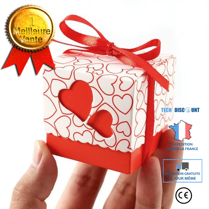 TD® Lot 100 pièces Boîte à dragées+couvercle/Rouge/ Motifs Cœurs avec Ruban Rouge / Bonbonnière mariage baptême bébé