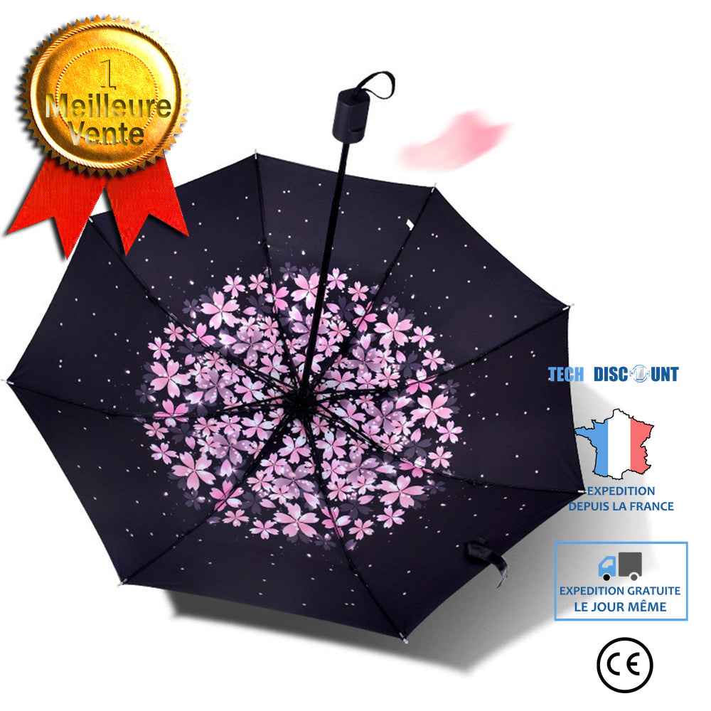 TD® Parapluie de haute qualité coupe-vent 3D impression de fleurs ensoleillé anti-soleil 3 parapluie pliant parapluie extérieur