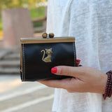 TD® Porte-Monnaie Femmes Vintage  Rétro Pièces Sac à Main Petit Chat Faux Cuir Noir