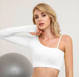 Haut de yoga blanc avec coussin de poitrine T-shirt de sport à manches longues respirant coupe ajustée haut de yoga de course