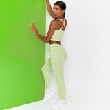 Costume de yoga décontracté couleur unie costume yoga col haut double bandoulière soutien-gorge pantalon serré sport fitness