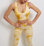 Costume de yoga tie-dye stretch costume de yoga sport running fitness costume gilet tricot fitness pantalon jaune tie-dye fem