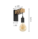 TD® DETROIT Applique industrielle en bois - 6 x 15 x H20 - Noir - Ampoule décorative E27 40W fournie