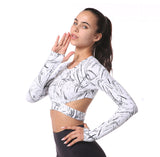 Haut de yoga Vêtements de yoga taille haute imprimé à manches longues Fitness Beauty Back Top T-shirt à col roulé à séchage r