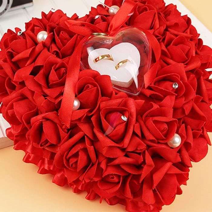 Coussin Cœur Pour Alliances De Mariage - Avec Boîte Transparente Et Fleur Décorative, Romantique