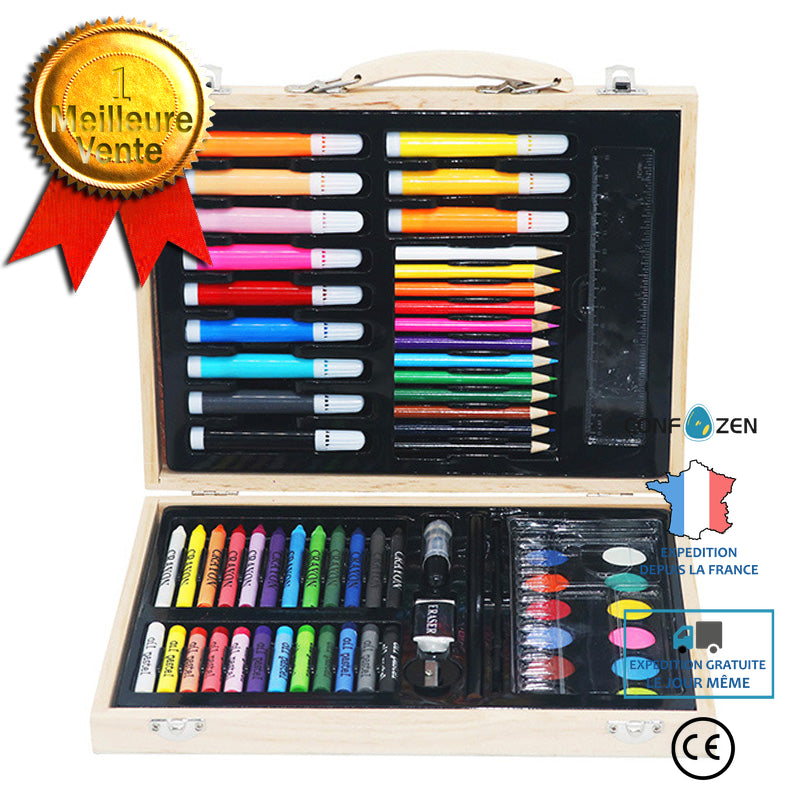 Coffret en bois pour enfants 67 stylos aquarelle, pastels à l'huile, p –