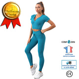 Costume de yoga fil costume de yoga tricot sans couture fitness sport pantalon à manches courtes costume bleu vêtements pour