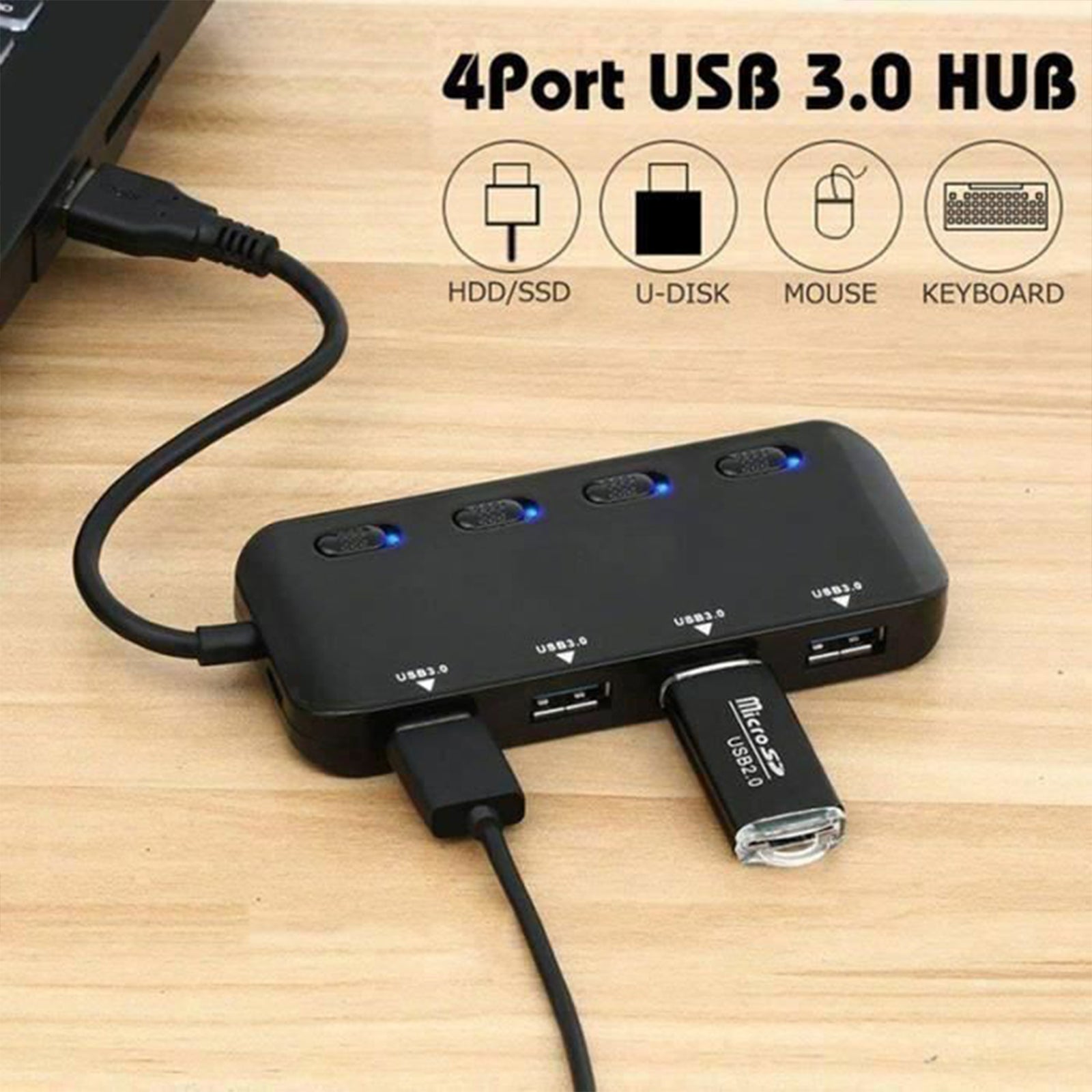 Hub USB 3.0 4 Ports USB Multiple Ultra Fin avec Voyants de Commutateurs  d'alimentation Individuels
