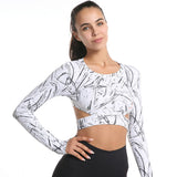 Haut de yoga Vêtements de yoga taille haute imprimé à manches longues Fitness Beauty Back Top T-shirt à col roulé à séchage r