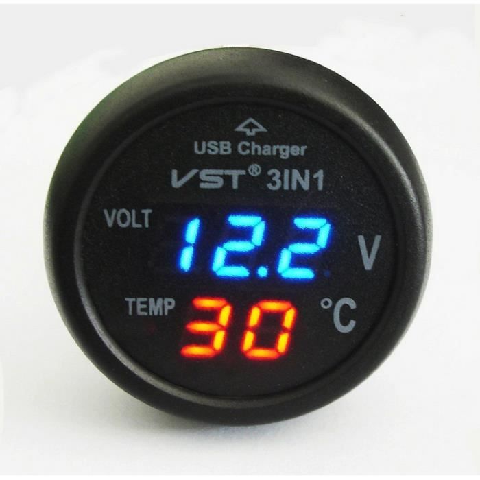 TD® Voltmètre Allume-cigare Thermomètre Chargeur USB LED Auto 12-24V-chargeur USB avec voltmètre Led pour voiture-allume cigar led