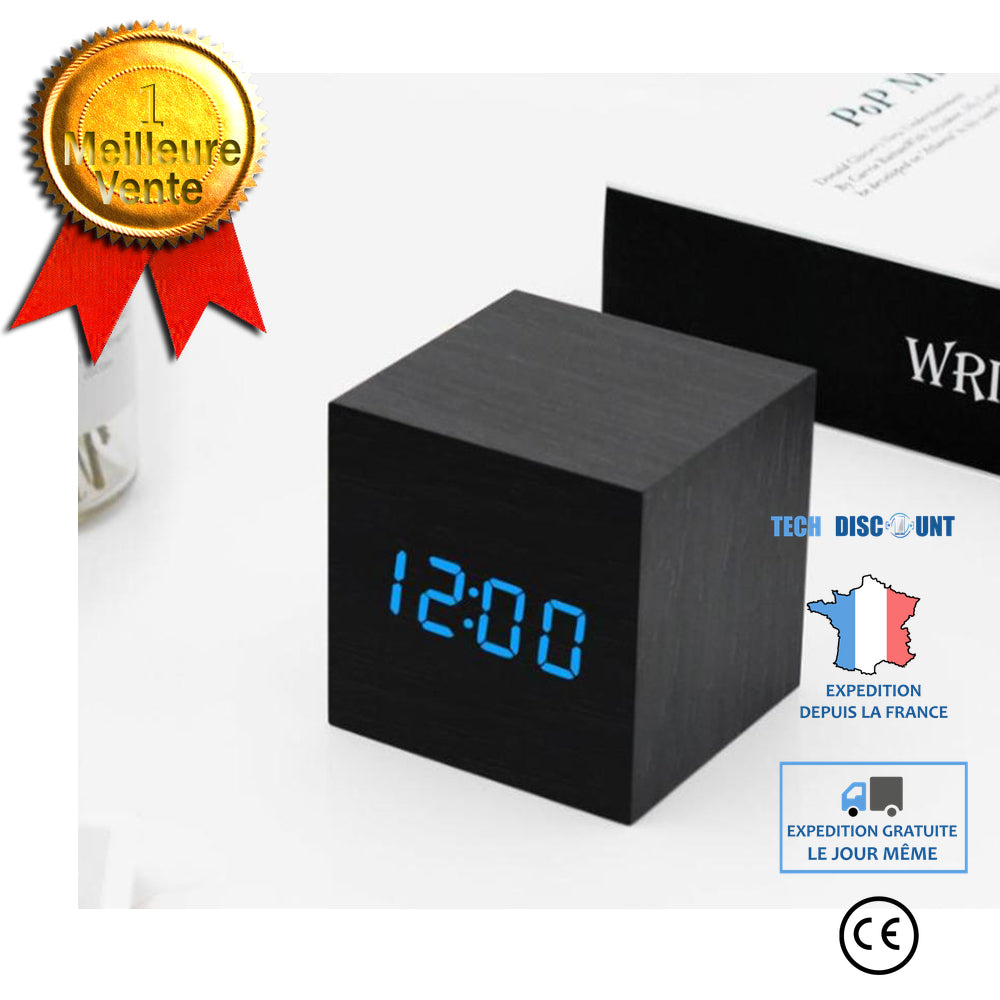 TD® Horloge Cubique en bois carrée LED/Réveil Créatif en bois Noir électronique avec contrôle vocal intelligent/Elégant/Multifonctio