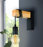 TD® DETROIT Applique industrielle en bois - 6 x 15 x H20 - Noir - Ampoule décorative E27 40W fournie