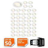TD® Lot de 50 Spots Encastrables Oriantables / Blancs avec 6 Ampoules/  230V  eq. 50W, BLANC CHAUD