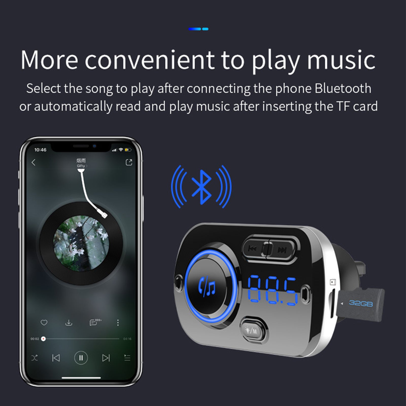 TD® Atmosphère respiratoire lumière voiture assistant vocal charge rapide sans fil bluetooth MP3 téléphone de voiture transmetteur F
