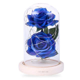 TD® rose éternelle sous cloche en verre la belle et la bête fête des mères fleur bleu décoration lumineuse avec support à poser boît