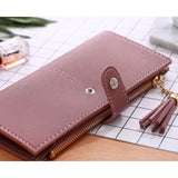 TD® Portefeuille Femmes Simple Long Porte-Monnaie Gland à Franges Porte-Cartes Sac à Main  Couleur Taupe Rouge Double Fermeture